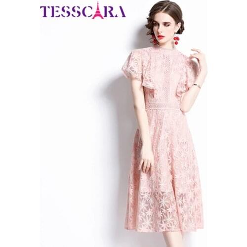 TESSCARA Women Summer Elegant Lace Dress Festa High Quality Long Pink Wedding Party Robe Femme Runway Ruffle Designer Vestidos