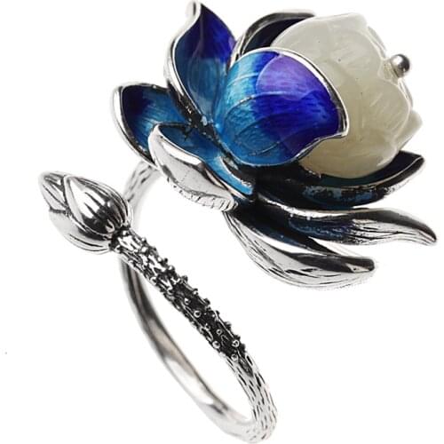 New Natural Jade 100% 925 Sterling Silver Ring For Women,Elegant Blue Lotus Adjustable Silver Ring Fine Jewelry Wholesale 2019