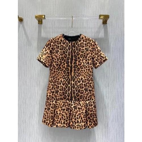 Runway Fashion Autumn Vintage Mini Dress Womens O-Neck Short Sleeve Leopard Print Ruffles Hot Sale Dresses