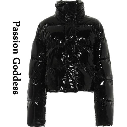 Winter Women Glossy Pink Leather Puffer Jackets Thick Warm Bubble Coat Zipper Bright PU Down Parka Outerwear Stand Collar Jacket