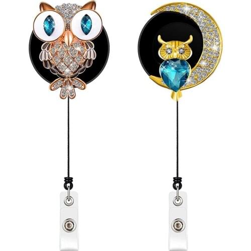 2Pcs Retractable Badge Holder Reel Owl ID Holder Rhinestones Badge Reel Holder with Alligator Clip for Nurse