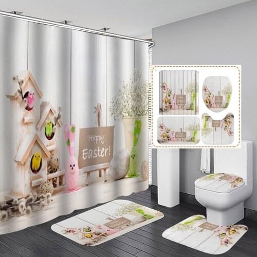4in1 Happy Easter Fabric Shower Curtain Sets Rabbit Polyester Curtains Pedestal Rug Lid Toilet Cover Bath Mat Set Bathroom Decor