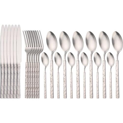 6/24Pcs Matte Kitchen Vintage Tableware 304 Stainless Steel Dinnerware Set Silverware Knife Fork Tea Spoon Flatware Cutlery Set