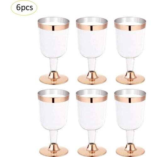 6PCS 190ML Disposable Cups Silver Edge Rose Gold Side Wine Glass Goblet Party Supply