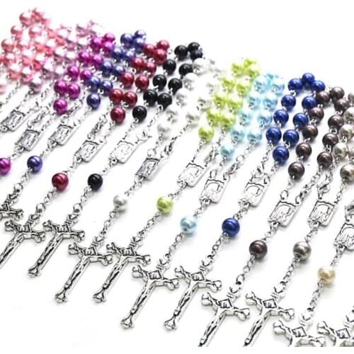 8mm Imitation Pearls Rosary Beaded Bracelet Virgin Christ Cross Pendant Bracelet Religious Catholic Paryer Blessing Jewelry