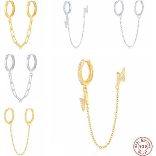Aide 925 Sterling Silver Double Circle Chain Hoop Earrings For Women CZ Zircon Lightning Bolt Charm Pendiente Piercing Jewelry