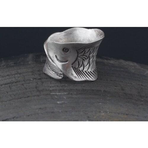Amxiu Handmade Fish Ring Chinese Lucky Ring Vintage 925 Sterling Silver Ring Wide Ring Open Ring For Women Birthday Gift Jewelry