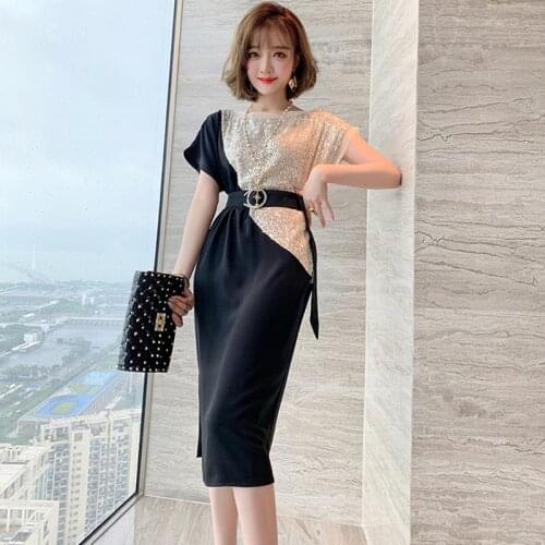 Awarose Lady Sequins Slim Party Midi Dresses Summer High Waist Belt Elegant Women Round Neck Patchwork Dress Female Clothes 2021