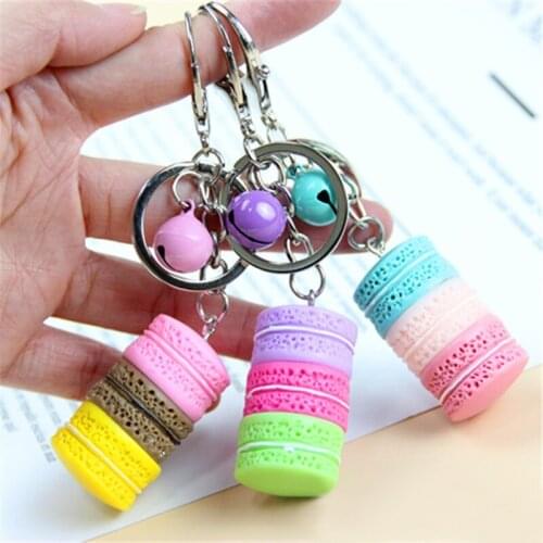 Macaron dessert Resin Biscuit Key Chains Lovely Bag Charms Bell Keychain Chaveiro Llaveros Fashion Metal Keyring Car Key Ring