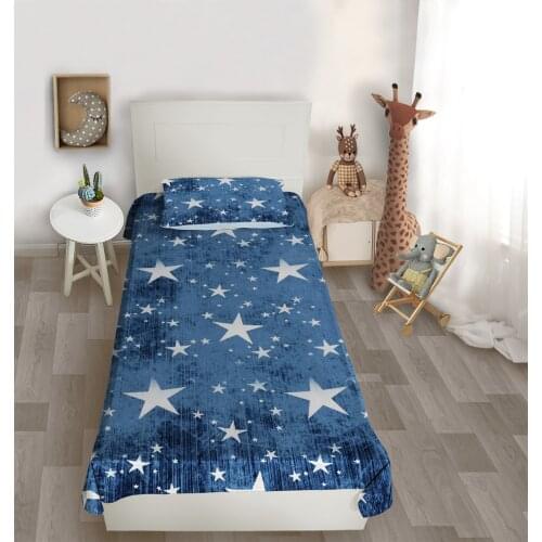 Çocuk odası yatak örtüsü uzay beyaz yıldız mavi yatak örtüsü