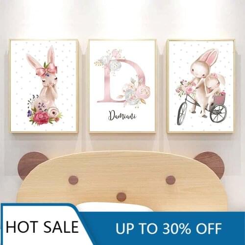 Baby Poster Personalized Girls Name Custom Wall Art Canvas Painting Posters Prints Animal Nursery Wall Pictures Kids Room Decor