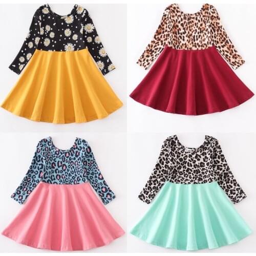 Girlymax Fall/winter Baby Girls Kids Clothing Cotton Milk Silk Twirl Dress Knee Length Leopard Daisy Floral Flower Long Sleeve