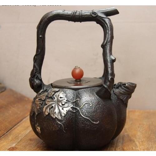 Jepanese Iron Silver Gilt Pumpkin Vine Pergola Water Bottle TeaPot Teakettle Pot