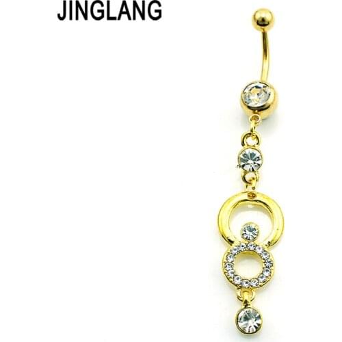 JINGLANG New Belly Button Rings 316L Stainless Steel Barbell Dangle White Rhinestone Circle Navel Piercing Jewelry