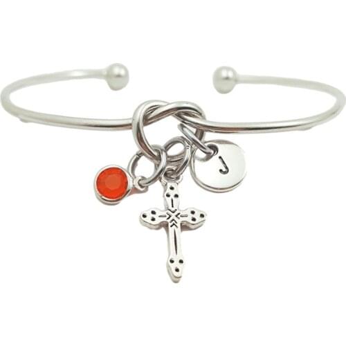 Cross Jesus Vintage Creative Initial Letter Monogram Birthstone Adjustable Bracelet Fashion Jewelry Women Gift Pendant