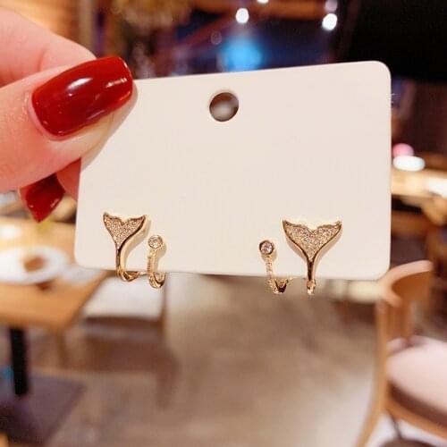 Huitan Korean Style Cute Fishtail Stud Earrings for Girls Gold Color Shiny White CZ Daily Wear Party Fashion Womens Accessories