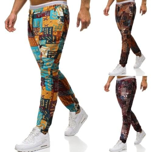 2021 Spring and Summer New High - Quality Mens Printed Cotton and Linen Rope Slim Retro Ethnic Style Men Pants