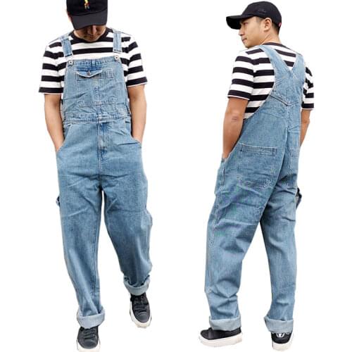 Mens Denim Bibs Mens Loose Retro Style Japanese Joker Bibs Siamese Trousers Large Size 28-48 50 Workwear Jeans Men