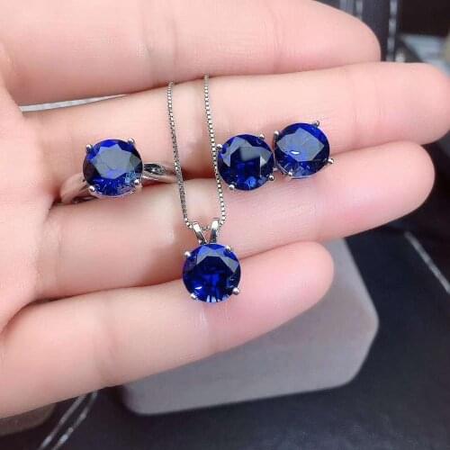 Real Natural Sapphire jewelry set Natural Real Sapphire 925 sterling silver 1pc pendant,1pc ring,2pcs Earring