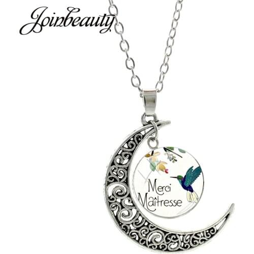 JOINBEAUTY Blue Bird French Merci Maitresse Unisex Necklace Moon Pendant Long Chain Handmade Jewelry For Gift Of Thanks NT50