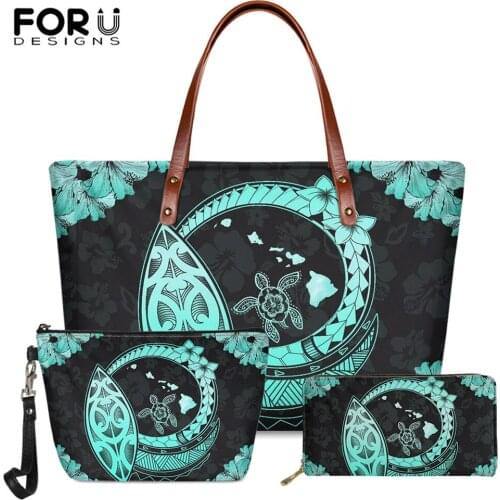 FORUDESIGNS Luxury Women Tote Bags 3pcs Polynesian Plumeria Hibiscus Turtle Samoa Print Long PU Leather Wallet Large Handbag New