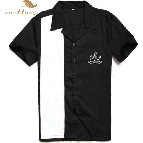 SISHION Rock Vintage Men Shirt ST126 Short Sleeve Black Pocket Cotton L-3XL Plus Size Retro Bowling camiseta hombre shirt men