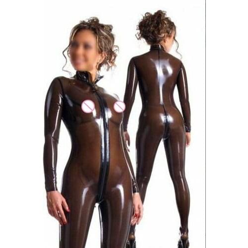 Handmade 100% Transparent Brown Latex Catsuit Rubber bodysuit Tight Suit Overall Uniform 0.4mm S-XXL