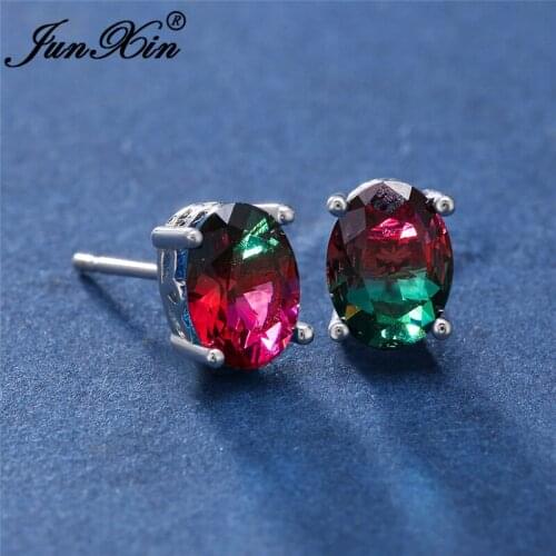 Oval Cut Gradient Crystal Wedding Stud Earrings For Women Men White Gold Rose Gold Rainbow Zircon Blue Green Ear Studs Jewelry