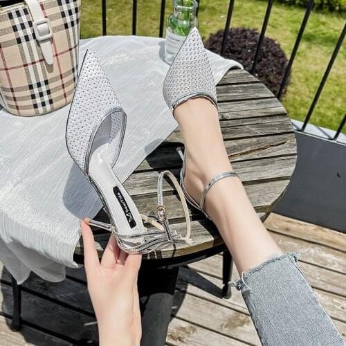 Mesh Rhinestones Pumps Woman Slingback Pointed Toe Talon Summer Stiletto High Heels Shoes Women Breathable Crystal Sandals