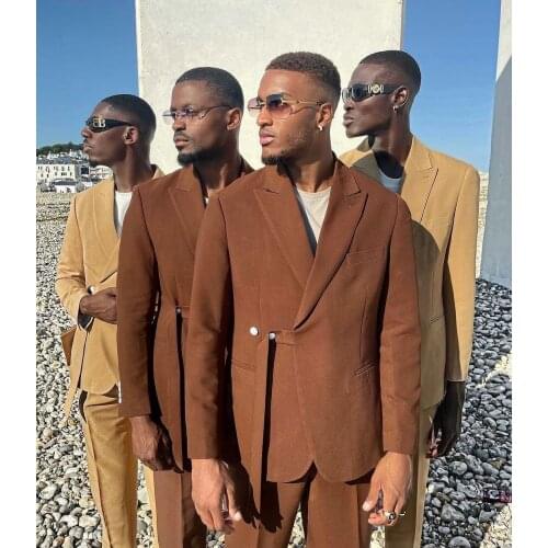 Chic Streetwear Brown 2 Pieces Groom Tuexdos For Wedding Formal Prom Suit Party Evening Blazer Custom Made (Jacket+Pants)