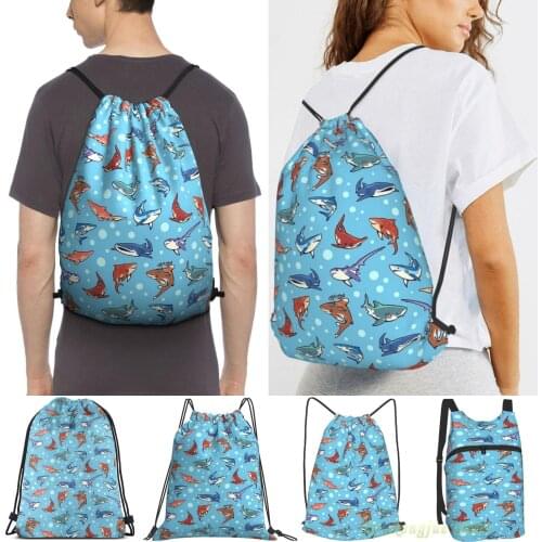 Sharks In The Light Blue Women Drawstring Sackpack Gym Bags Men Outdoor Travel Backpacks For Training Fitness Swimming Bag