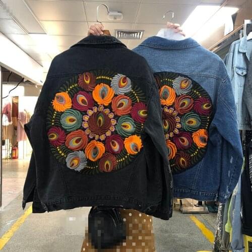 Women Spring Oversized Multi Floral Embroidered Denim Jacket Long Sleeve Casual Chic Jacket Coat Women 2021 Female Autumn Coat