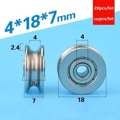 20/100pcs/lot U groove deep groove ball bearing 4*18*7mm 624ZZ 624 bearing steel guide wheel roller pulley 4x18x7
