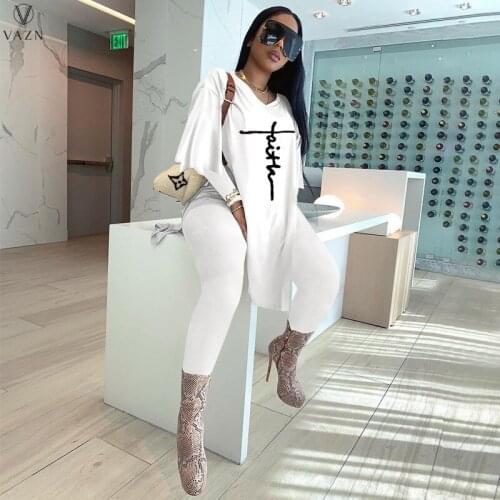 VAZN 2021 Autumn High-end Long Style Solid Sexy Overalls Full Sleeve X-Long Tees Group Long Pencil Pants Slim Women 2 Piece Set