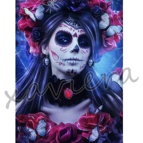 Xaviera Diy 5D Diamond Painting Girl Portrait Skull Full Drill Cross Stitch Horror Skeleton Embroidery Halloween Handmade Gift
