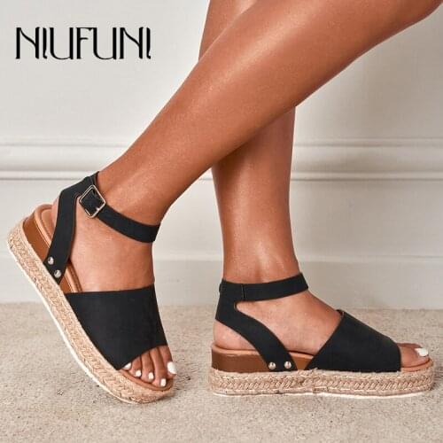 NIUFUNI Summer Leopard Hemp Rope Platform Casual Womens Sandals 2021 Open Toe Buckle Rivet Flat Sandals Low Heels Rattan Weave