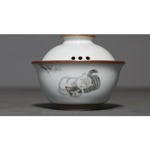 Ru Kiln Cute Cat Travel Teapot Ceramic Cover Bowl Tea Tureen Teacup Hand Grasp Gaiwan Tea Bowl Tes Set Tea Cup With Filter Home