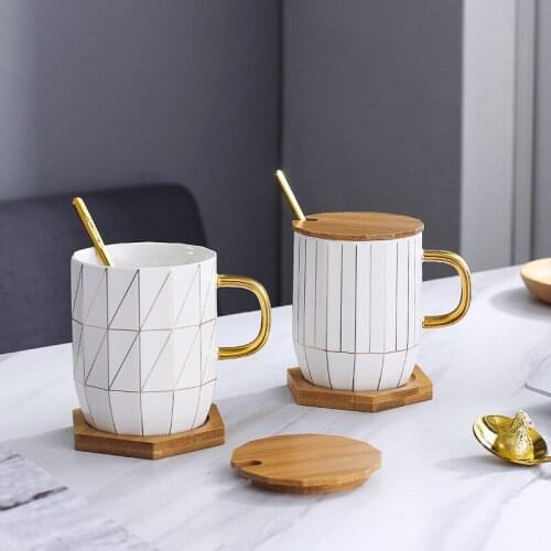 European Ceramic Gold Geometric Lines Coffee Mug with Spoon and Lid White Porcelain Breakfast Milk Mug Creative Couple Tea Cup