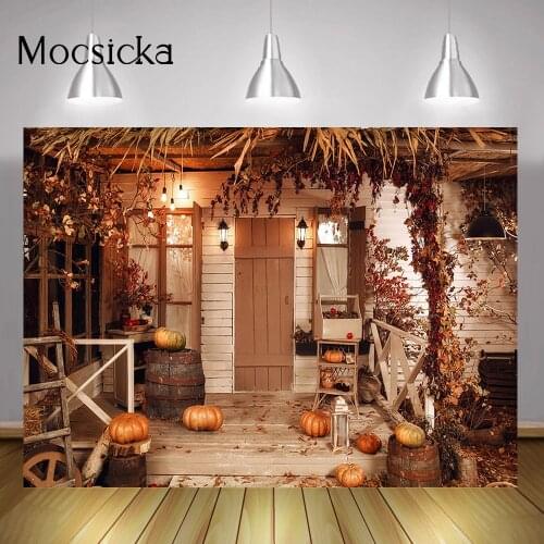 Fall Newborn Pumpkin Portrait Backdrop Maple Leaf Wood House Autumn Background Adult Birthday Halloween Wallpaper Photocall