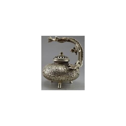 Crafts Collectible Old China Silver carvings a auspicious lifelike dragon Wealth statue teapotTibetan Silver Bronze decoration