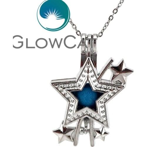 KK610 Silver 40mm Big Star Beads Cage Essential Oil Diffuser Aromatherapy Pearl Cage Locket Necklace Women Party Jewelry