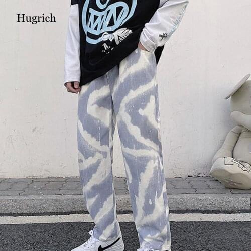 Fashion Tie Dyed Elastic Waist Jeans Men Blue Wide Leg Oversized Pants Male Denim Trousers Vintage Baggy Pantalones Korean 2021