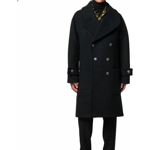 Winter Fashion Overcoat Warm Mens Solid Woolen Thick Double Breasted Loose Long-Length Casual Trench Coat Male Jacket
