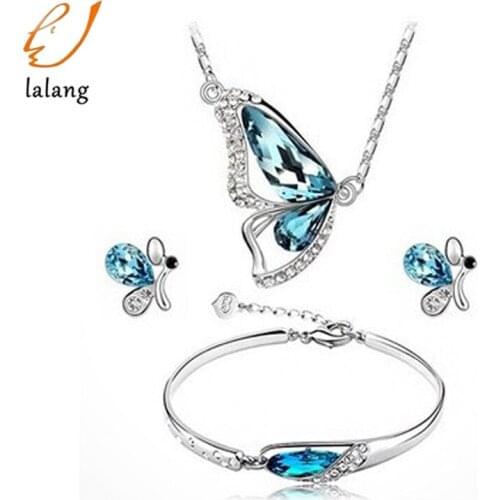 Women Jewelry Sets Plated Blue Austrian Crystal Butterfly Pendant Necklace Earrings Bracelet For Women Jewelry Gift Set