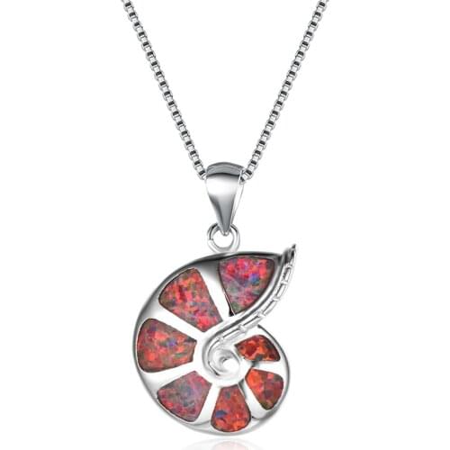 Cute Conch Orange Fire Opal Pendant Necklace Rainbow Stone Silver Color Chain Necklaces For Women Wedding Jewelry Bride Necklace