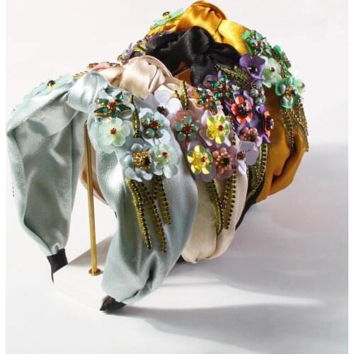 Rhinestone Hairband Wide Side Bohemian Headband Middle Knot Chic Flower Satin Face for Party Wedding Hair Accessories Daily Life