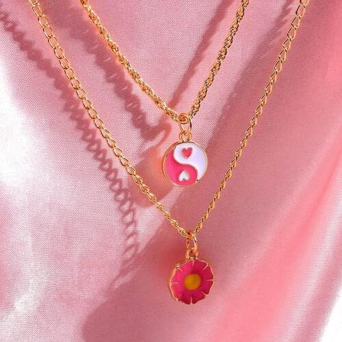JUST FEEL New Pink Yin Yang Metal Long Chain Pendant Necklace For Women Multi-layer Cute Flowers Necklace Bohemia Trendy Jewelry