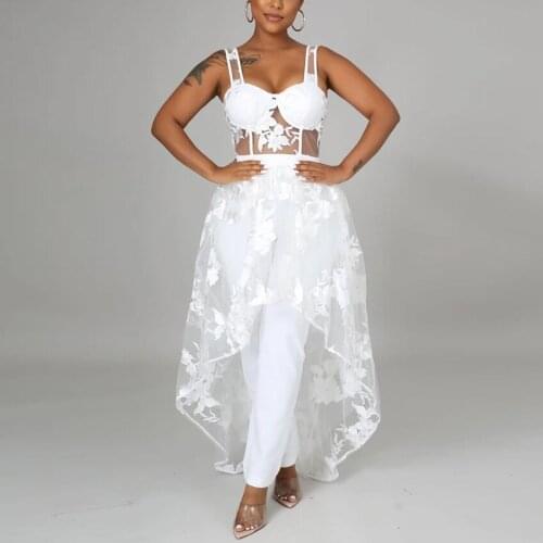 Sexy Transparent White Dress Embroidery Spaghetti Strap High Waisted Asymmetric See Through Evening Night Club Vestidos Mujer