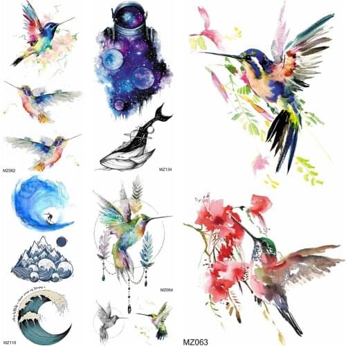 Sexy Watercolor Colorful Hummingbird Temporary Tattoos For Women Children Body Art Fake Waterproof Arm Animal birds Tattoo