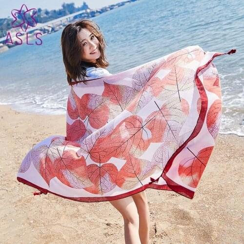 Elegant Design Women Lady Spring Summer Cotton Linen Wild Printed Shawl Scarf Silk Seaside Fashion Leaves Pattern Shawl
